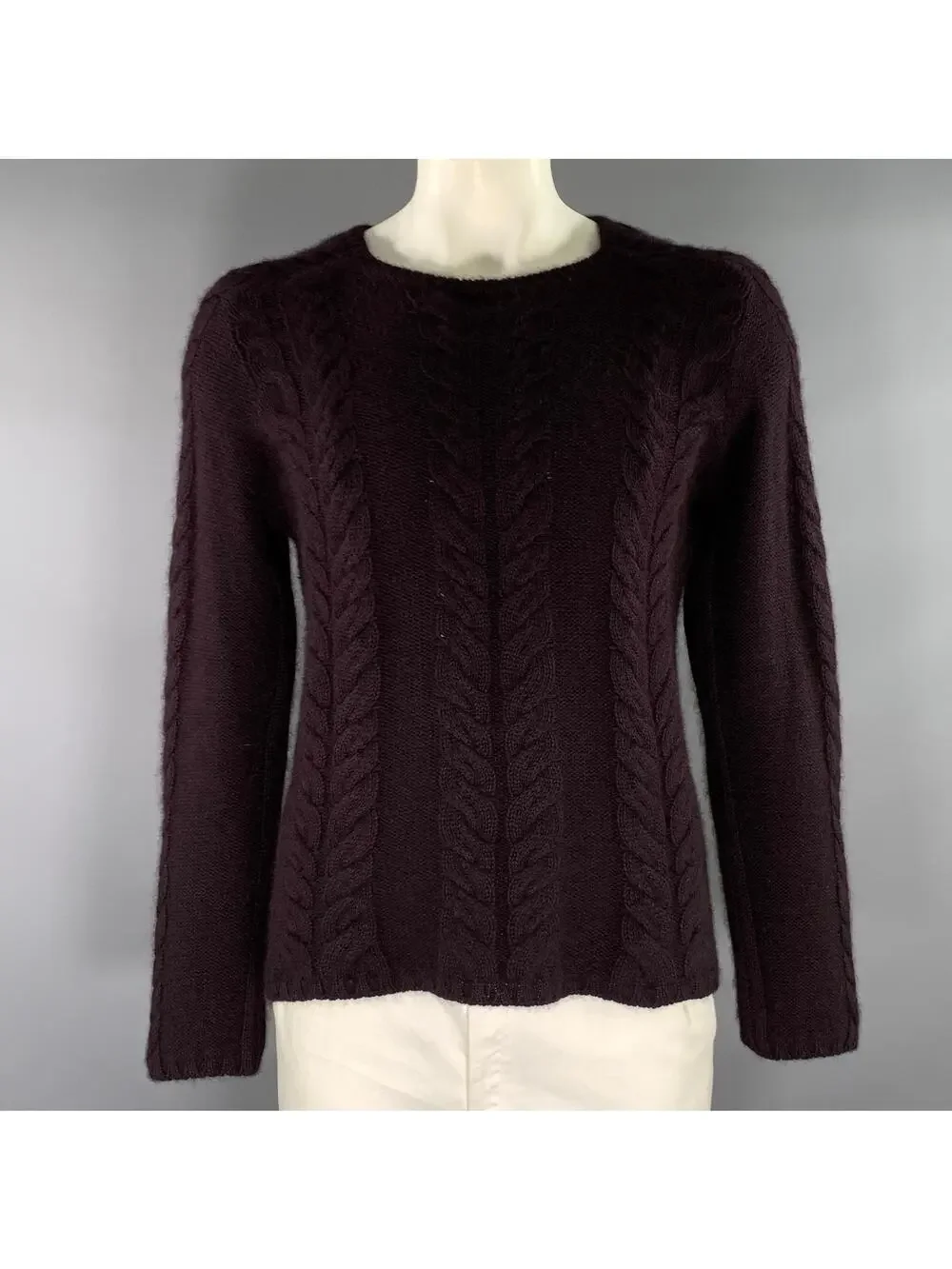 GUCCI Size L Burgundy Cable Knit Angora silk Crew Neck Sweater